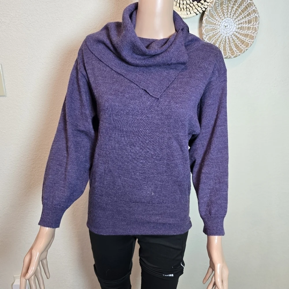 TWEEDS Sweater Small Merino Wool Shirred Turtleneck 3/4 Sleeve Pullover Purple